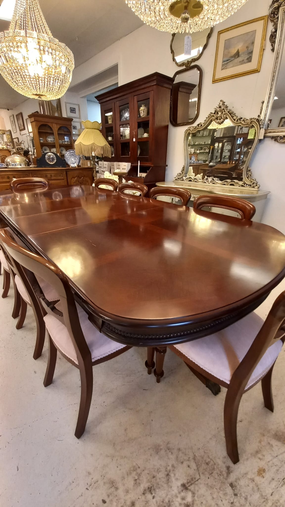 The main photo for Reproduction regency Mahogany dining table with 2 ext and 2 pedestal legs ext